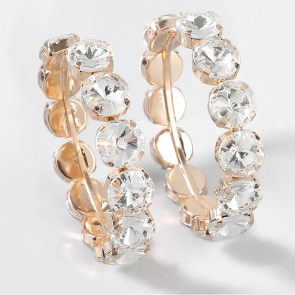 Elegant Exaggerated Chunky Gold Crystal Hoop Earrings